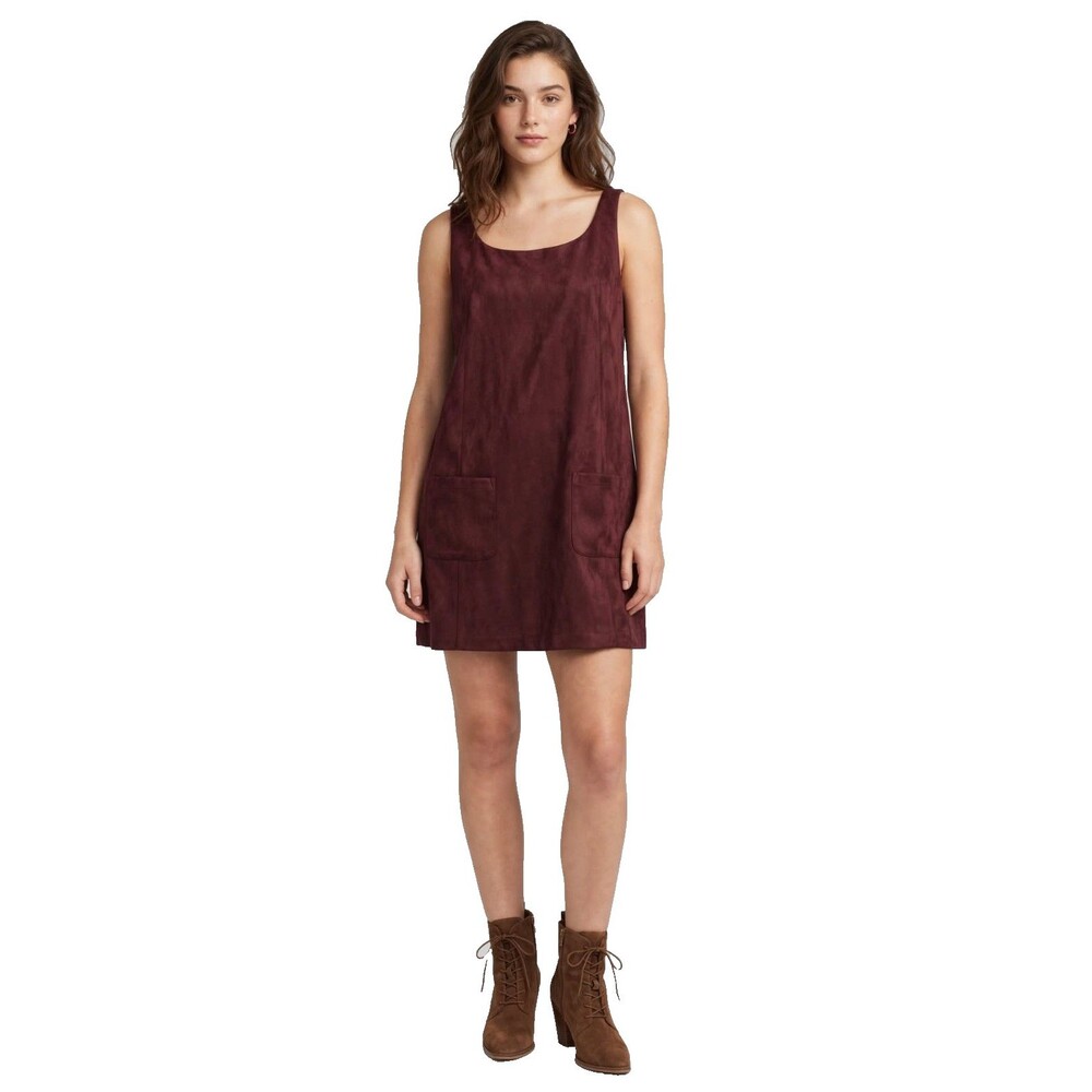 LC Lauren Conrad Faux Suede Dress L Large Burgundy Sleeveless Pocket Mini